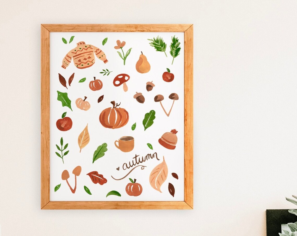 Autumn Cozies Watercolor Fall Wall Art, Coffee & Pumpkins