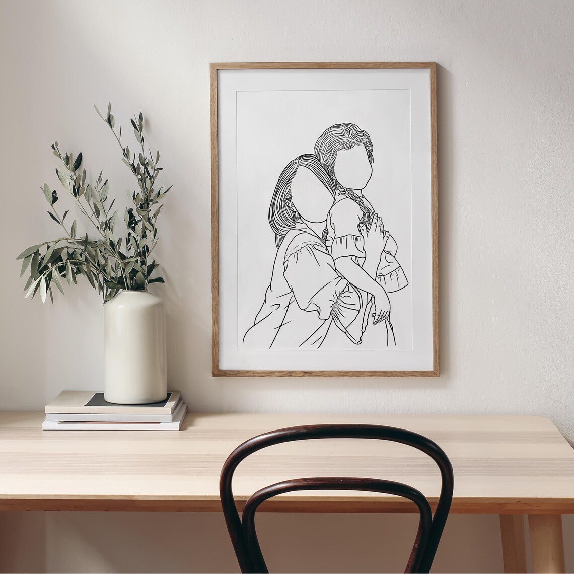 Faceless Mother and Daughter Line Art Hugging Portrait Poster - Image 3