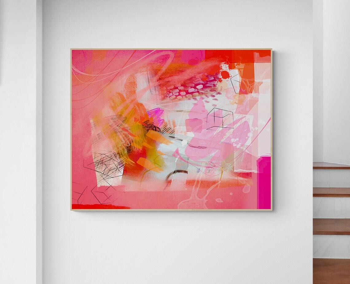 Hot Pink and Orange Abstract Painting Art Print - Image 2