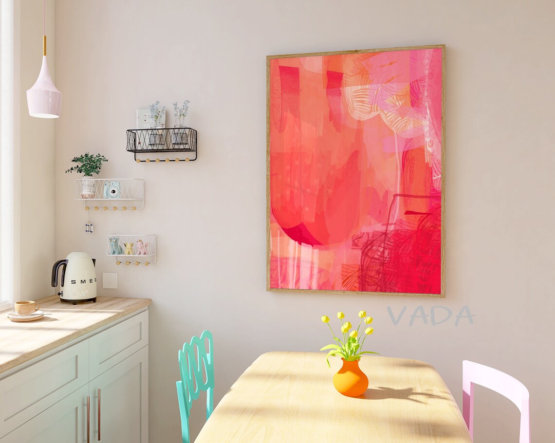 Hot Pink Red Abstract Painting, Trendy Wall Art Print
