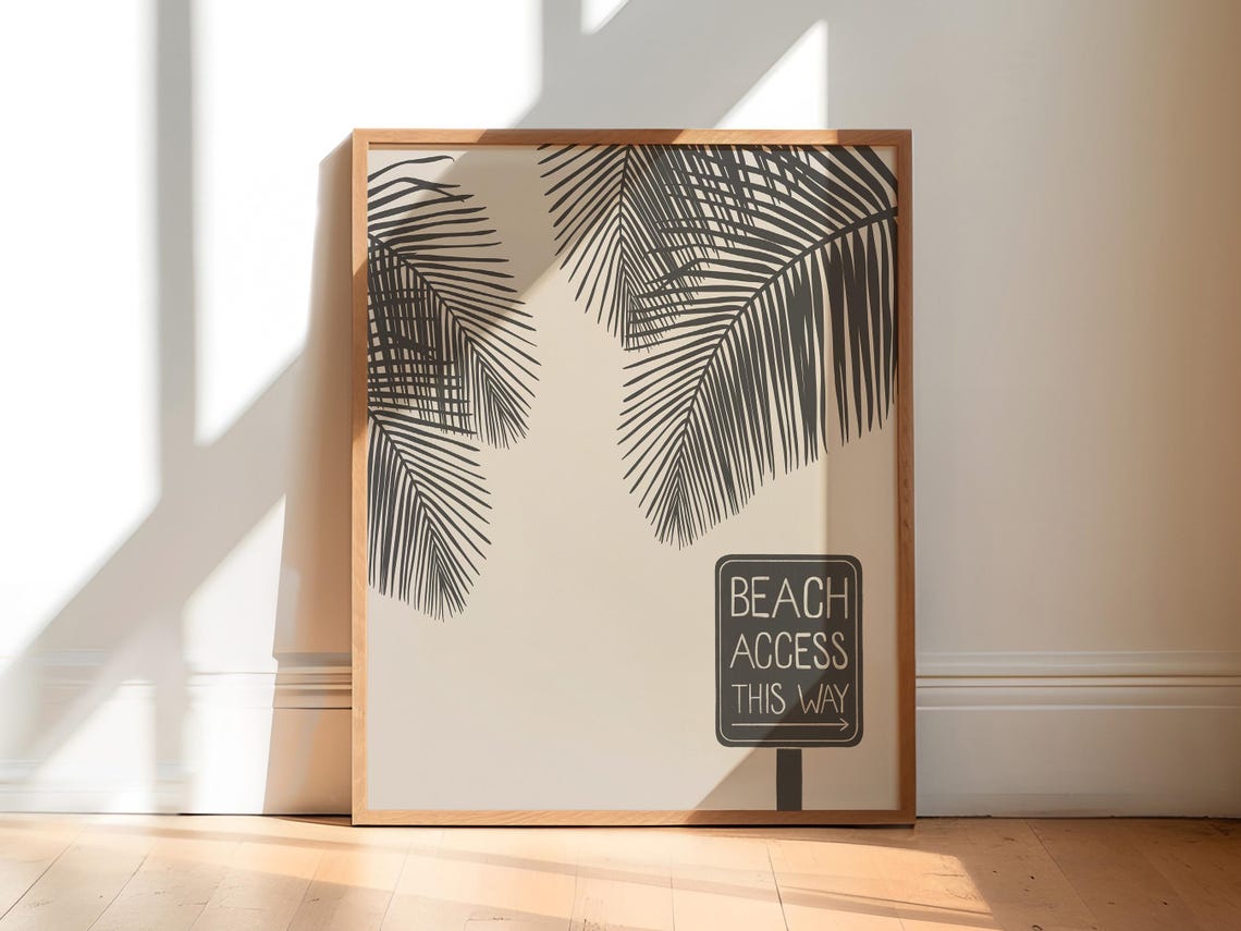 Beach Access This Way Sign Palm Fronds Charcoal Neutral Wall Art