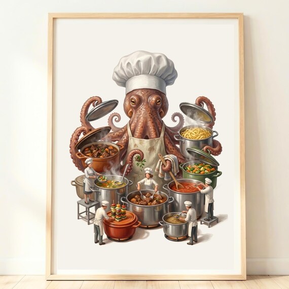 Octopus Chef Cooking With Eight Arms Whimsical Coastal Kitchen Poster