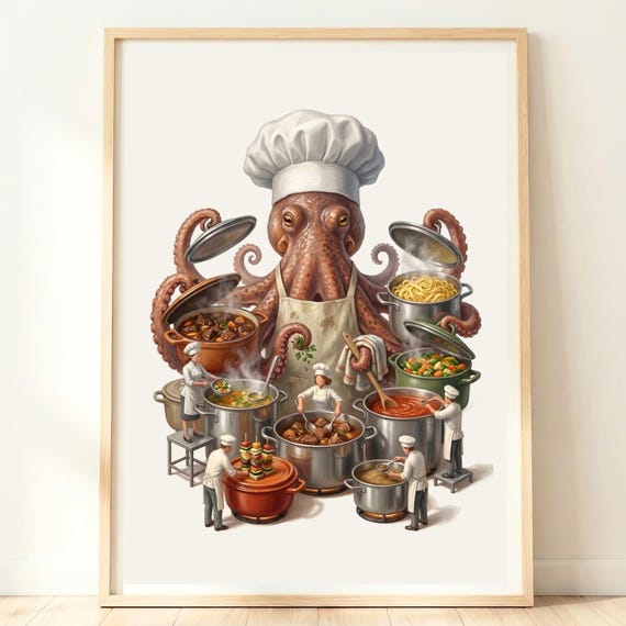 Octopus Wall Art Cooking Chef Gift Coastal Kitchen Decor Print