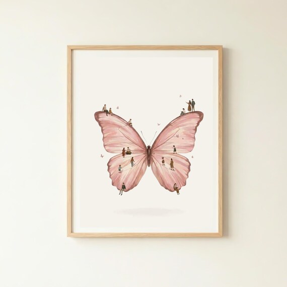 Butterfly Wall Art Feminine Decor Whimsical Pink Print Bedroom Artwork Nature Lover Gift Cottagecore