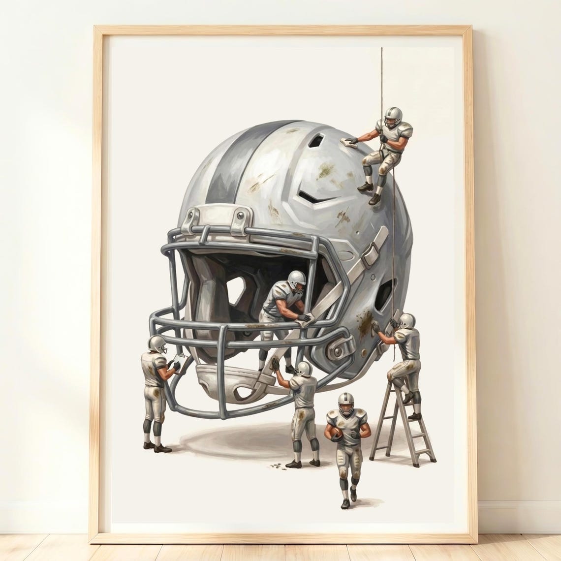 Giant American Football Helmet Tiny Players Whimsical Sports Poster