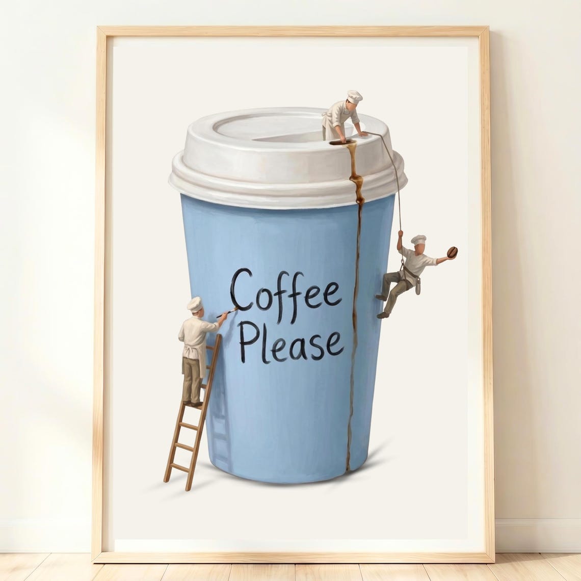Coffee Please Giant Blue Cup Whimsical Tiny Painter Scene Poster