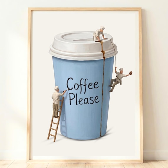 Coffee Please Giant Blue Cup Whimsical Tiny Painter Scene Poster