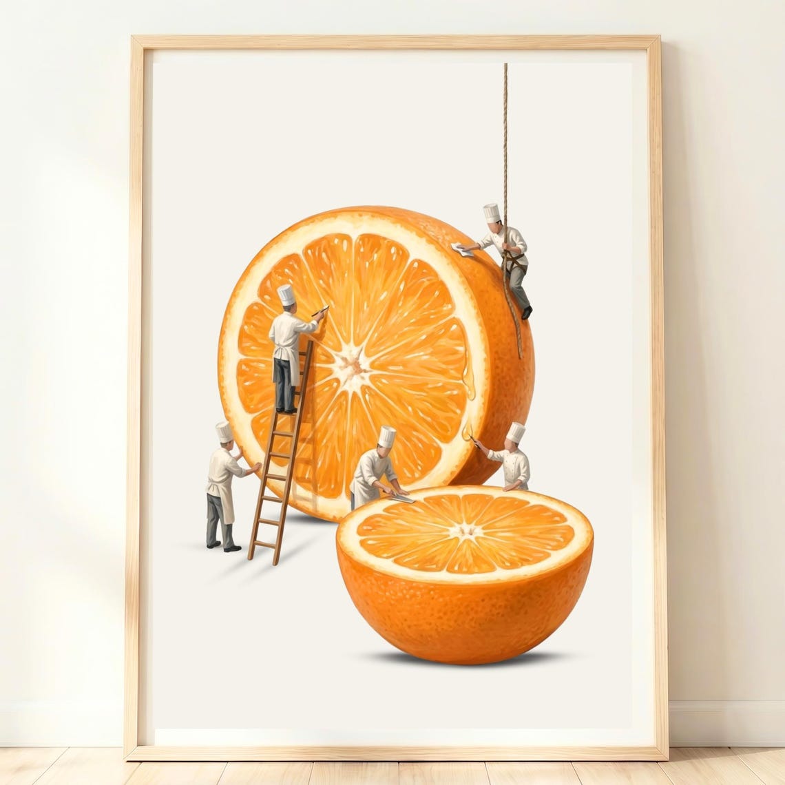 Giant Orange Slice Tiny Chefs Surreal Citrus Kitchen Art Poster