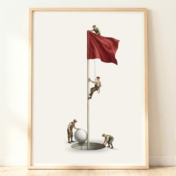 Golf Course Tiny Golfers Giant Flag Ball Hole Whimsical Sports Poster