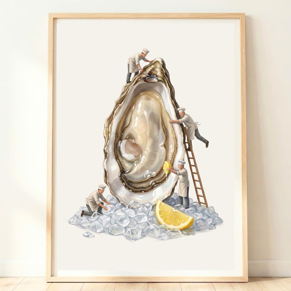 Giant Oyster Ice Tiny Chefs Coastal Kitchen Seafood Funny Art Poster