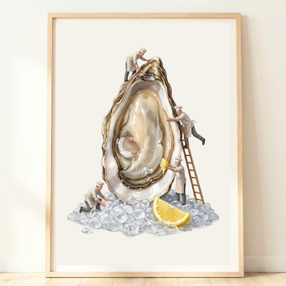 Giant Oyster Ice Tiny Chefs Coastal Kitchen Seafood Funny Art Poster