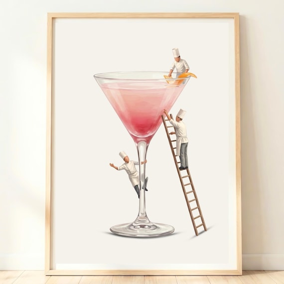 Tiny Chefs Mixing a Giant Pink Cosmopolitan Cocktail with a Ladder Poster