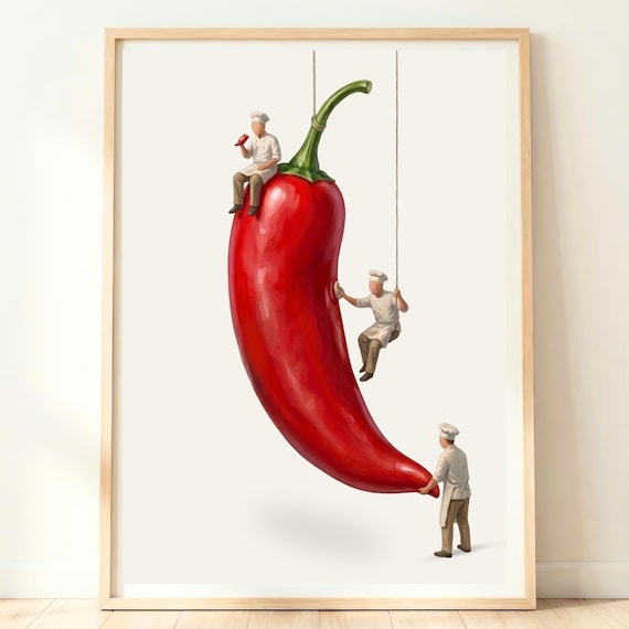 Giant Red Chili Pepper Miniature Chefs Spicy Kitchen Art Poster