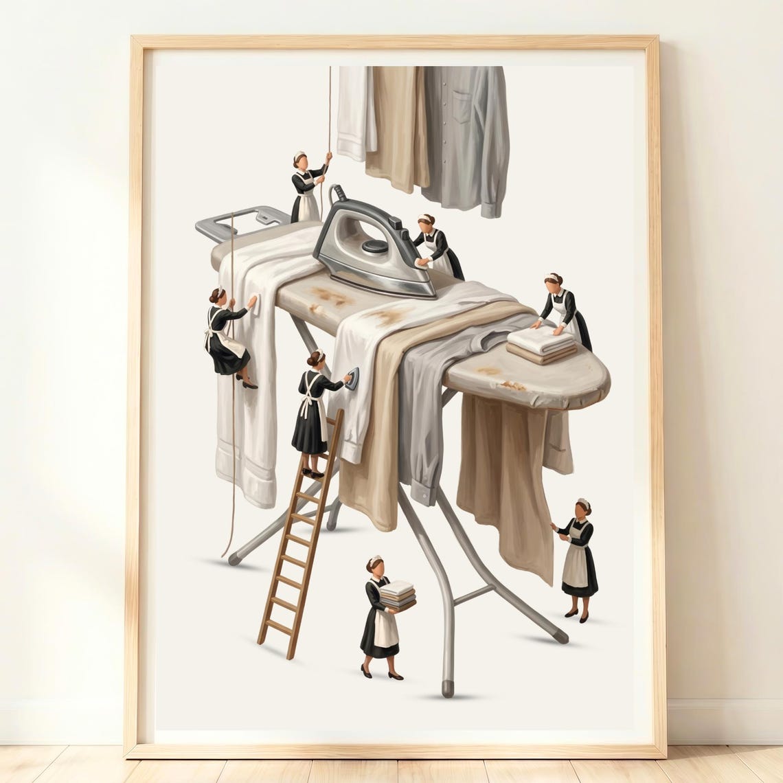 Tiny Maids Ironing Giant Clothes On Oversized Board Whimsical Poster