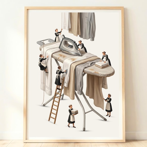 Tiny Maids Ironing Giant Clothes On Oversized Board Whimsical Poster