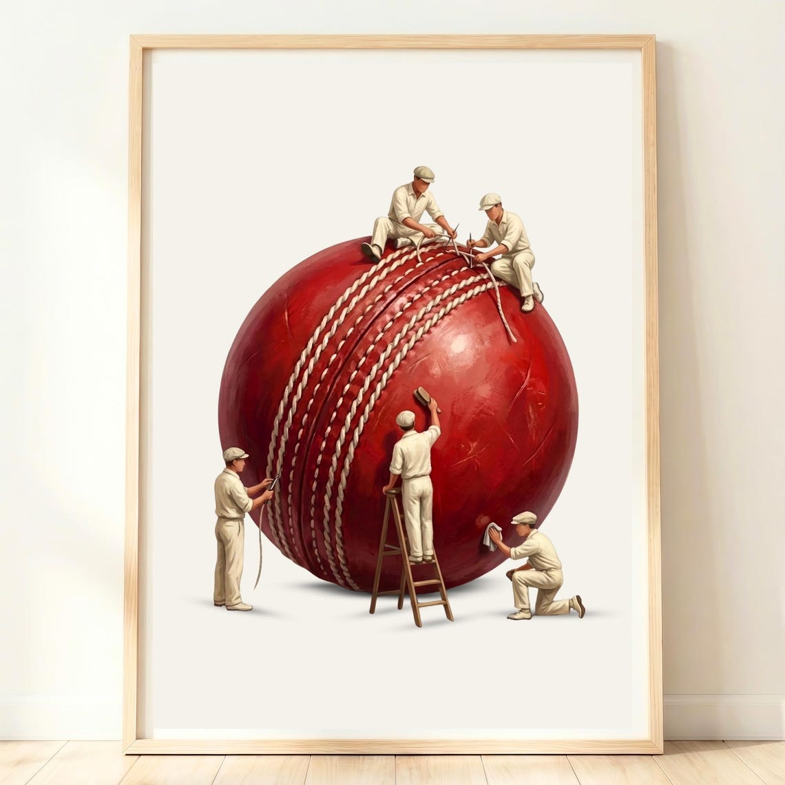 Giant Red Cricket Ball Tiny Cricketers Surreal Sports Art Poster