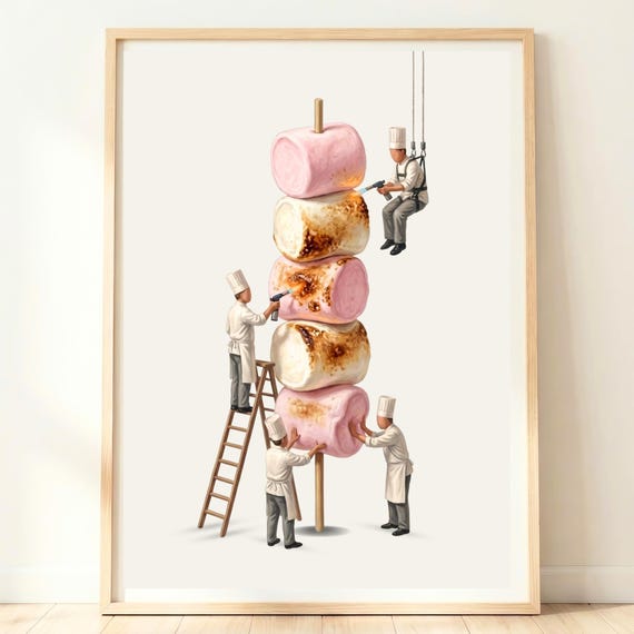 Toasted Marshmallow Wall Art Campfire Dessert Print Modern Pink Food Artwork Kitchen Decor Cozy Poster