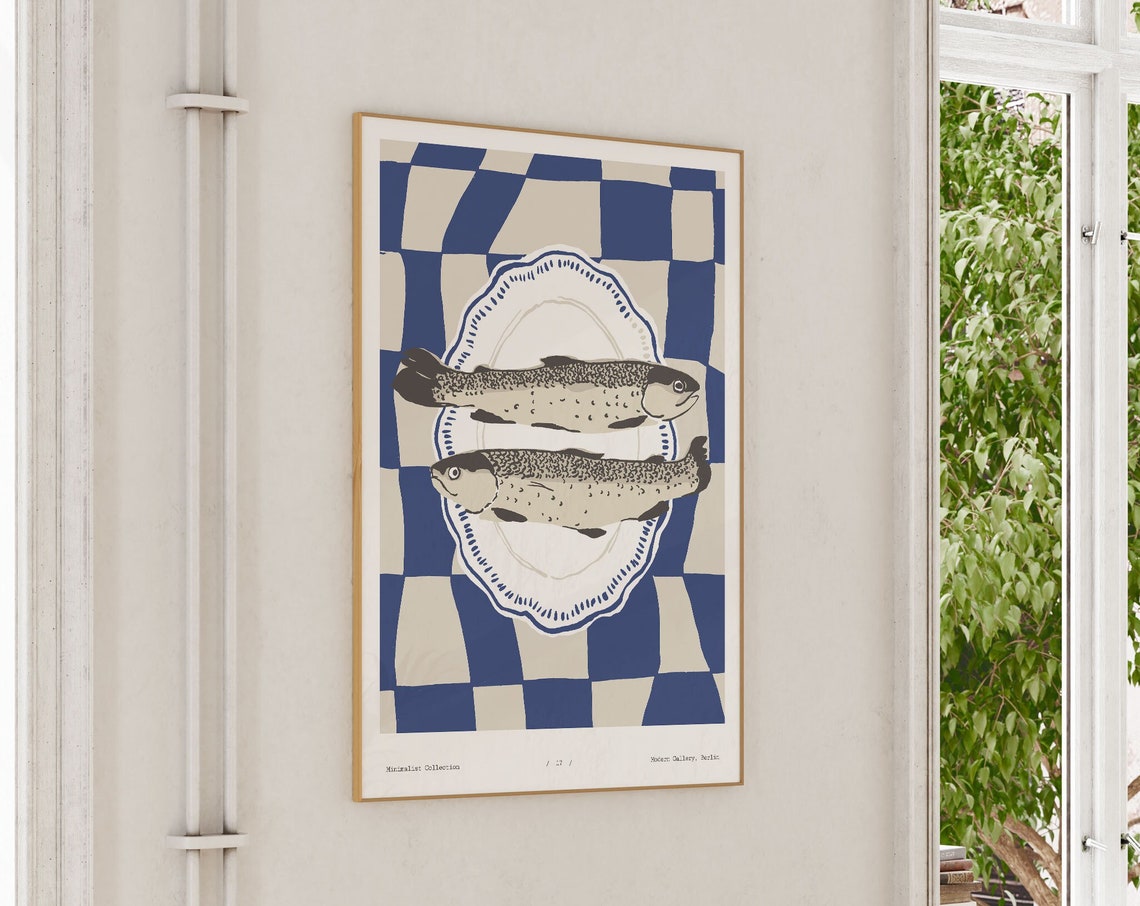 Two Fish on Plate Blue Checkered Minimalist Kitchen Food Poster - Image 3