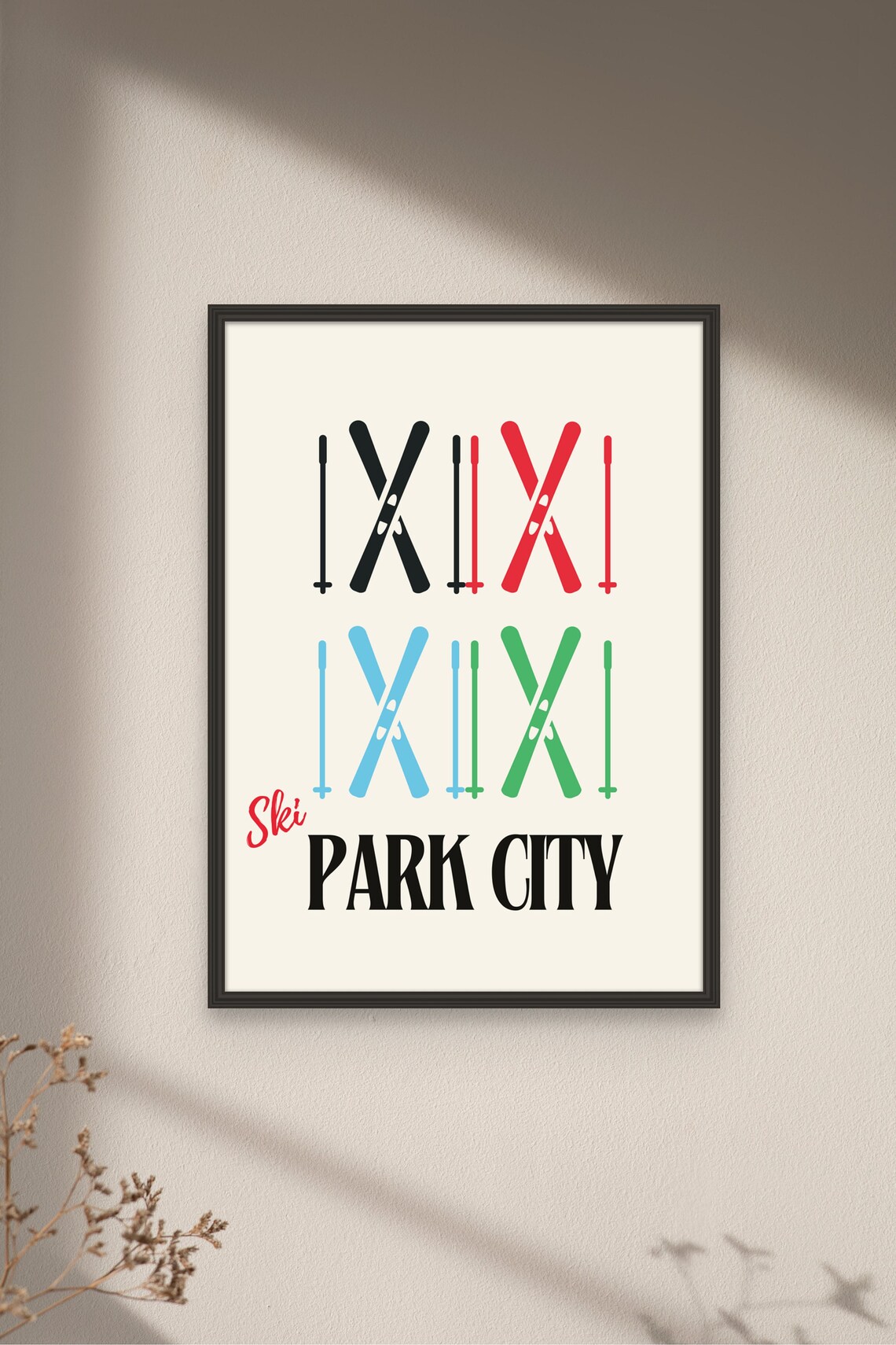 Ski Park City Colorful Crossed Skis Retro Winter Sports Travel Poster