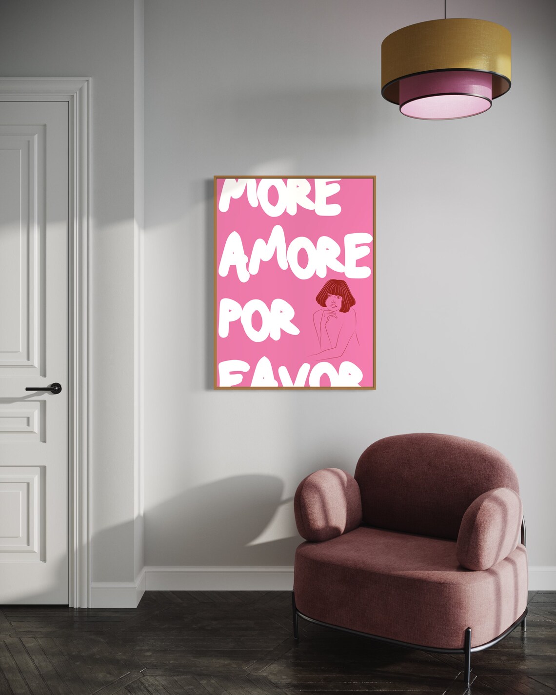 More Amore Por Favor Pink Quote Red Line Woman Portrait Art Poster - Image 3