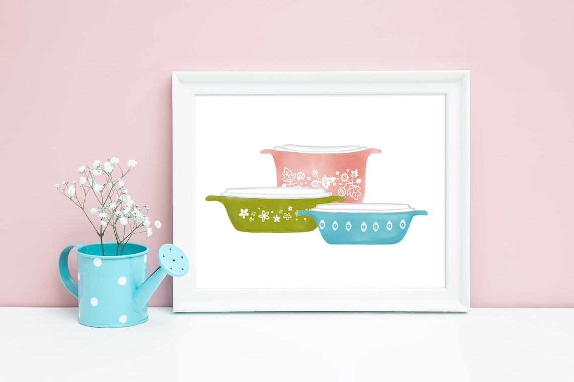 Vintage Pyrex Kitchen Art Print, Retro Farmhouse Decor