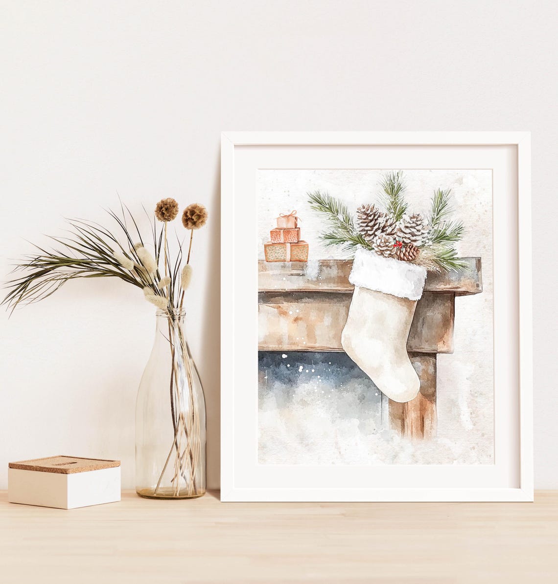 Farmhouse Christmas Stocking Mantel Pinecones Watercolor Poster - Image 3