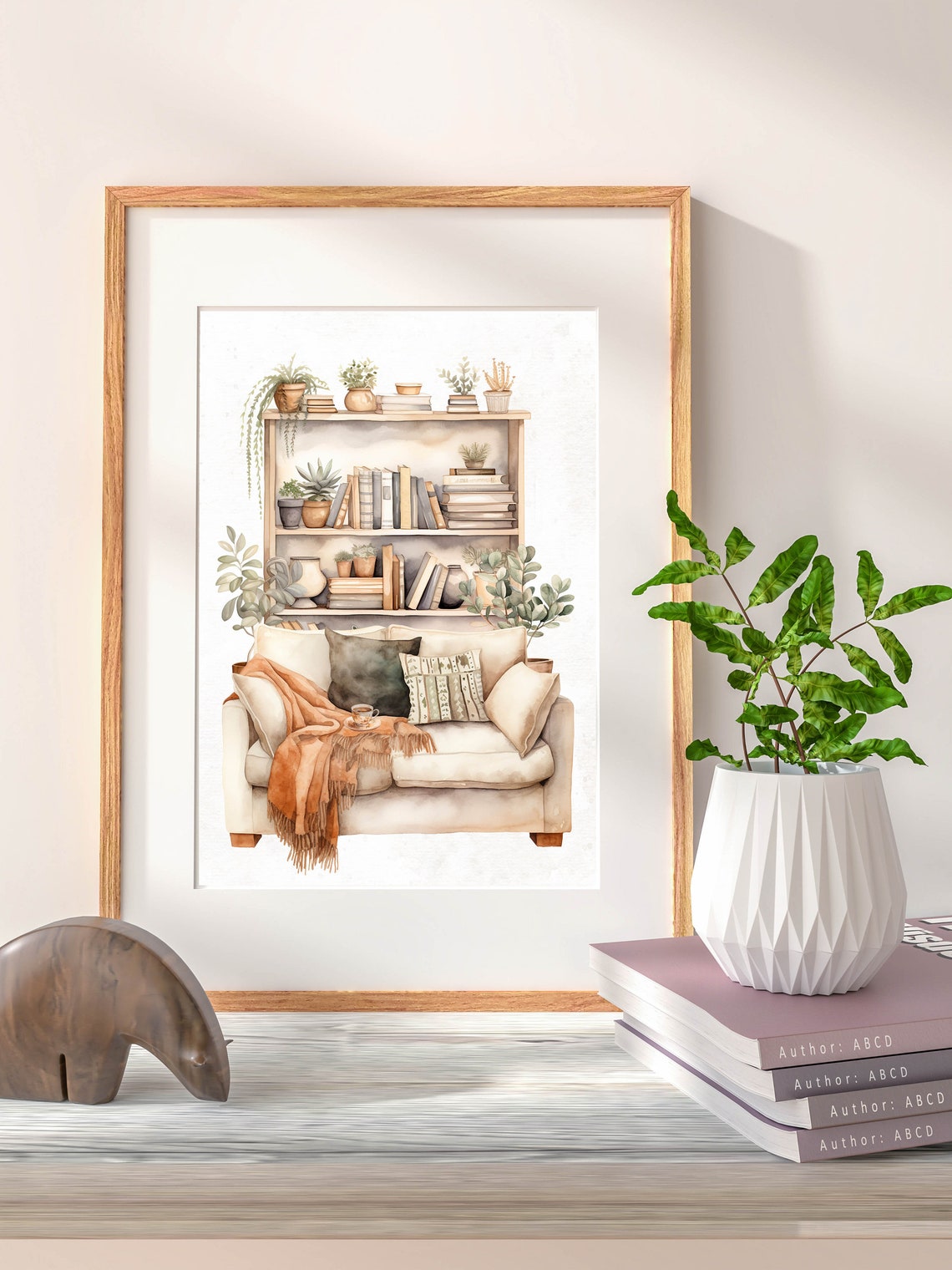Cozy Book Nook Watercolor Bookshelf Reading Corner Loveseat Poster - Image 2