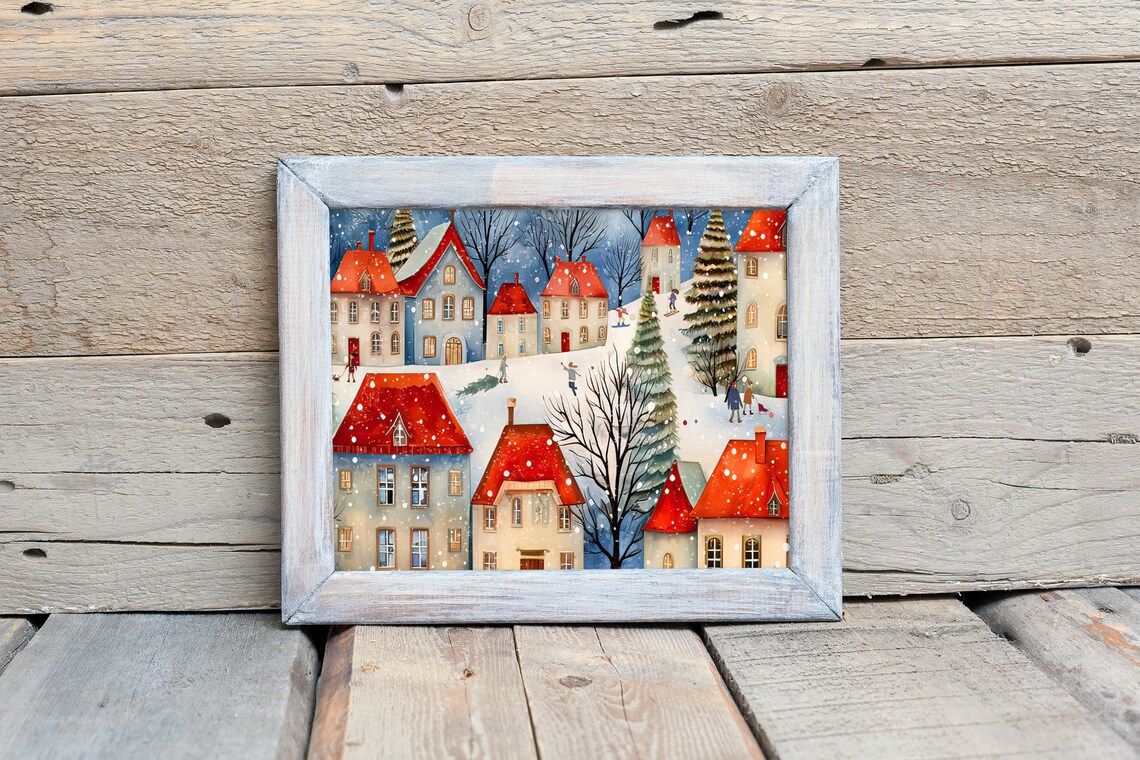 Snowy Christmas Village Red Roof Houses Winter Landscape Poster - Image 2