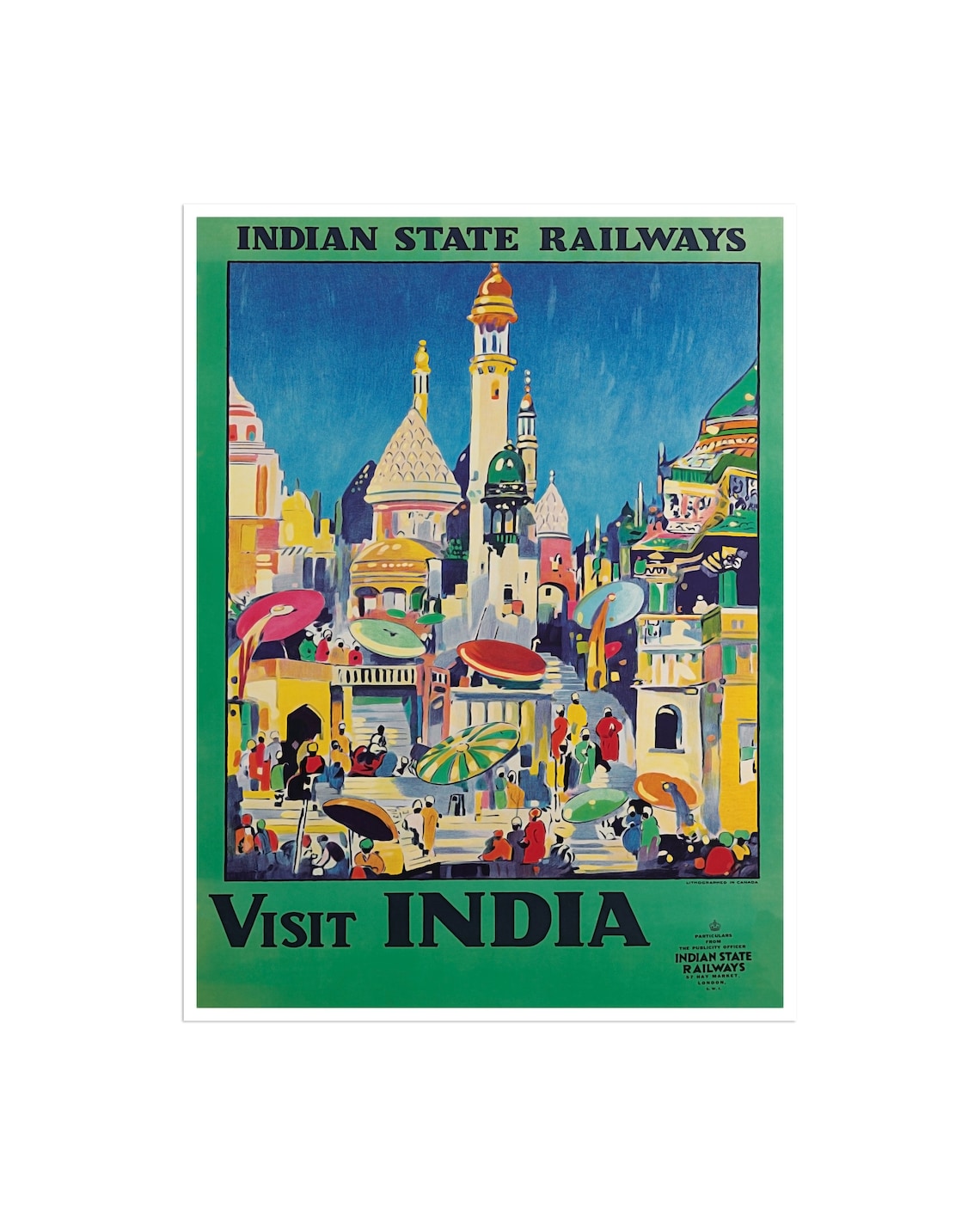 Indian State Railways Vintage Travel Poster Visit India Bazaar Art