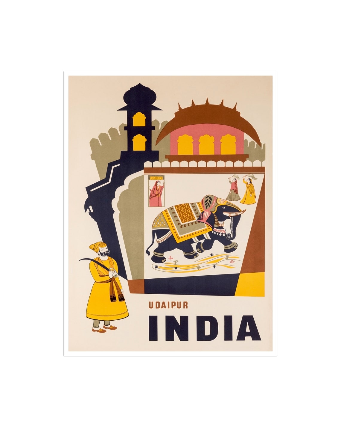 Udaipur India Vintage Travel Poster Elephant Royal Palace Art