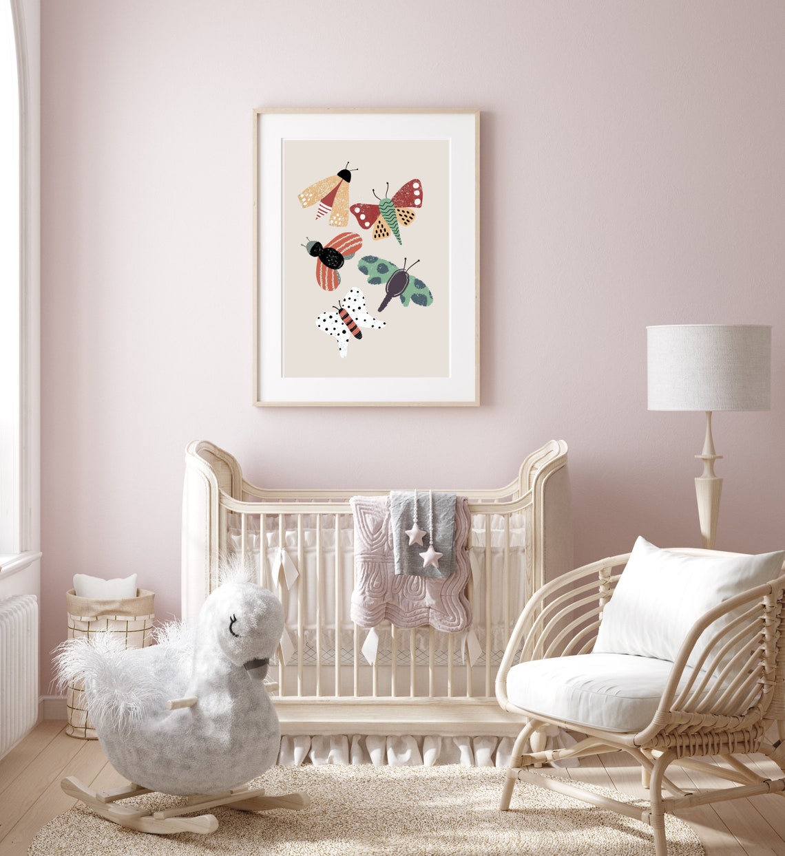 Patterned Butterfly Moth Illustration Nursery Poster on Cream - Image 2