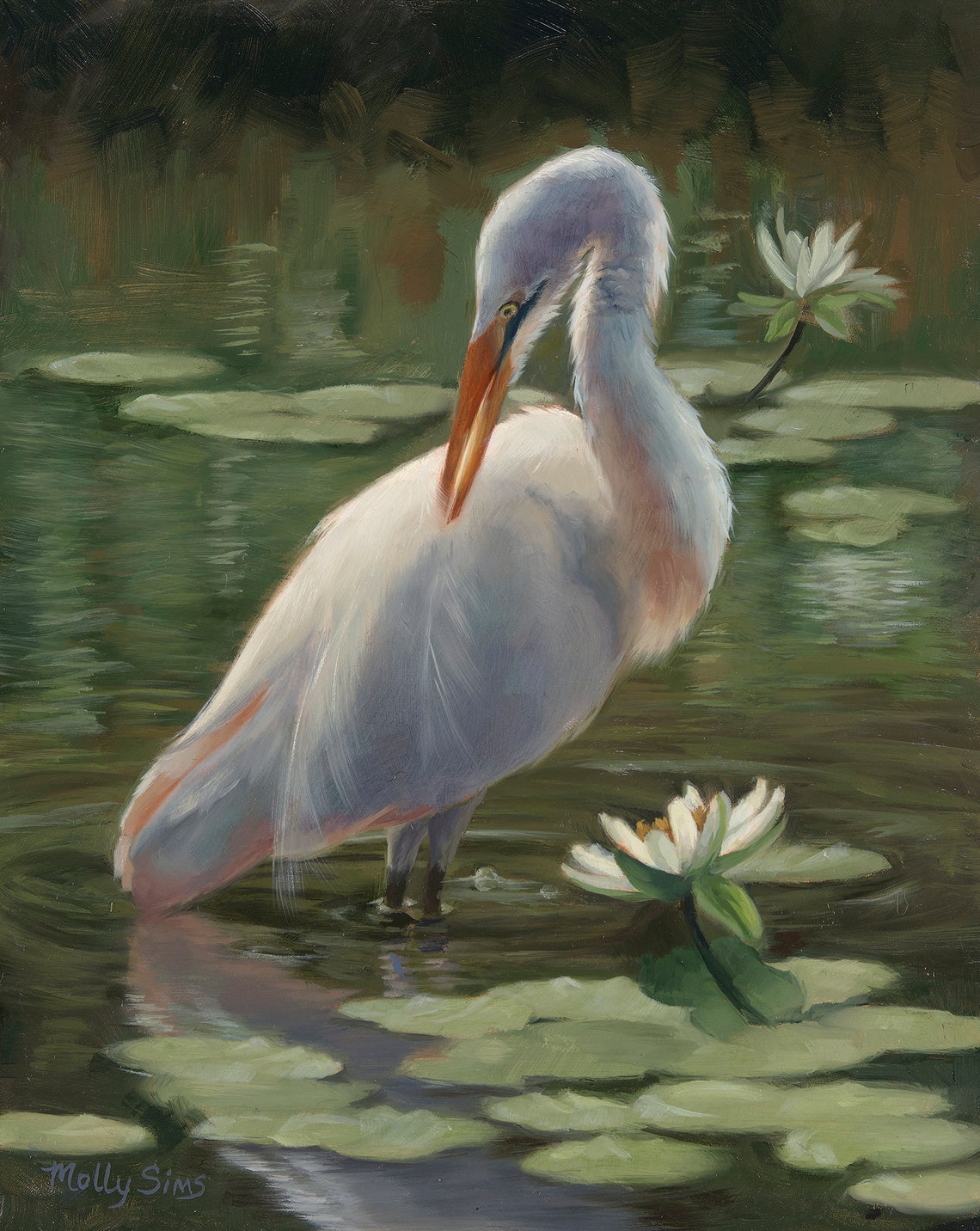 White Egret Preening Among Water Lilies Oil Painting Bird Poster