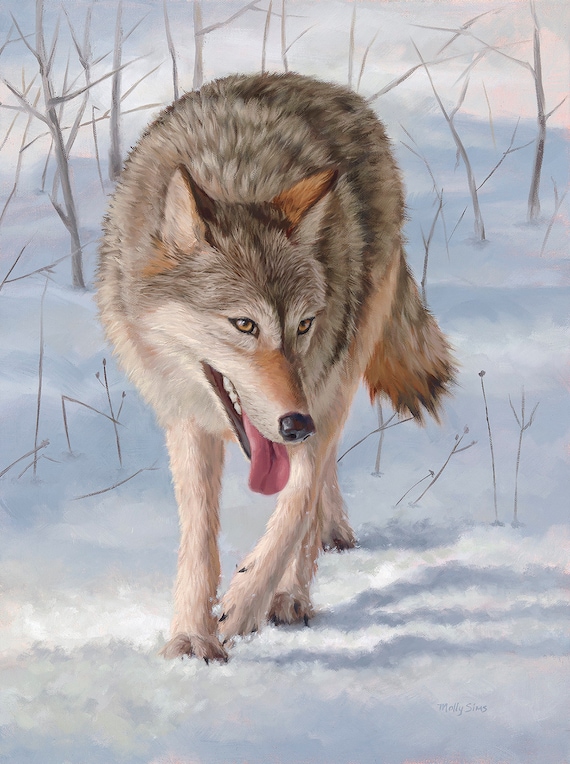Gray Wolf Walking Through the Snow Oil Painting Wildlife Poster