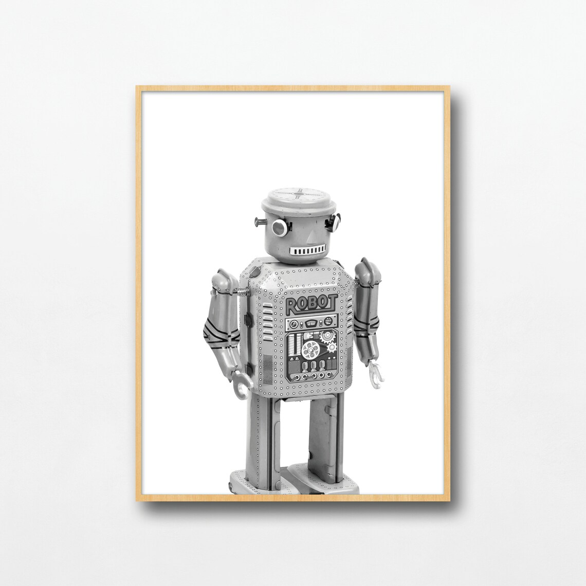 Vintage Tin Robot Toy Black White Retro Robot Kids Room Poster - Image 2