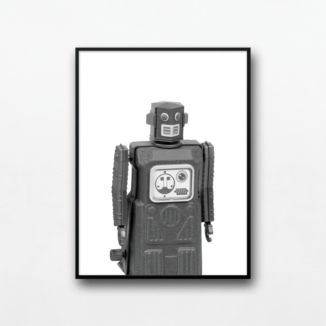 Retro Tin Robot Toy Black White Photography Kids Room Poster