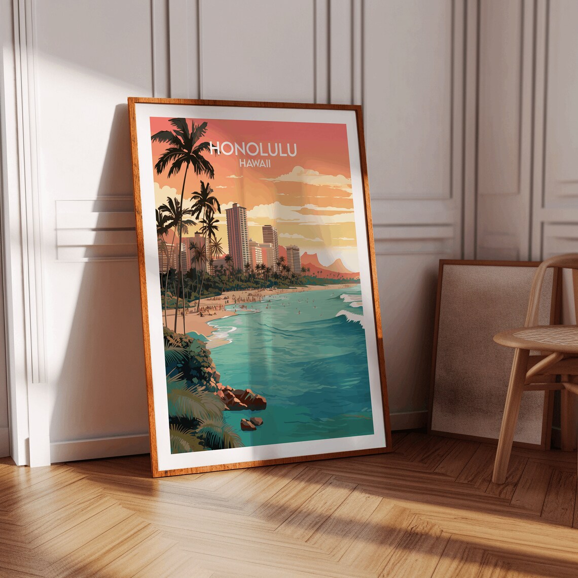 Honolulu Hawaii Vintage Waikiki Beach Palm Sunset Skyline Poster - Image 3