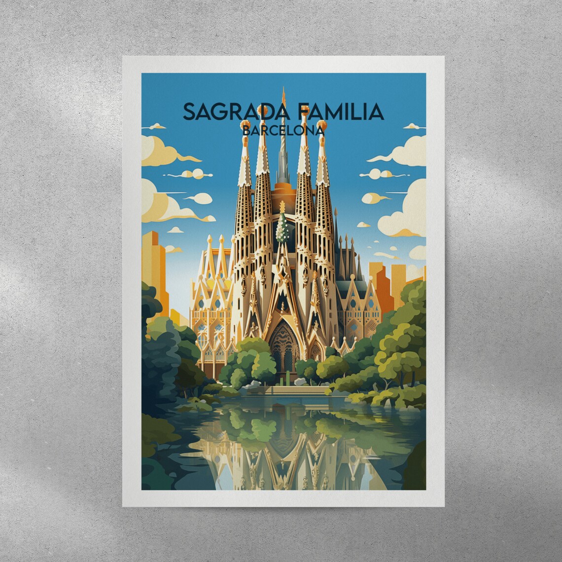 Sagrada Familia Barcelona Travel Poster Blue Sky City Artwork - Image 3