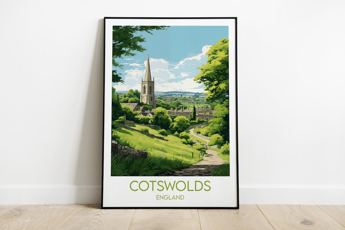 Cotswolds England Stone Church Countryside View Travel Poster