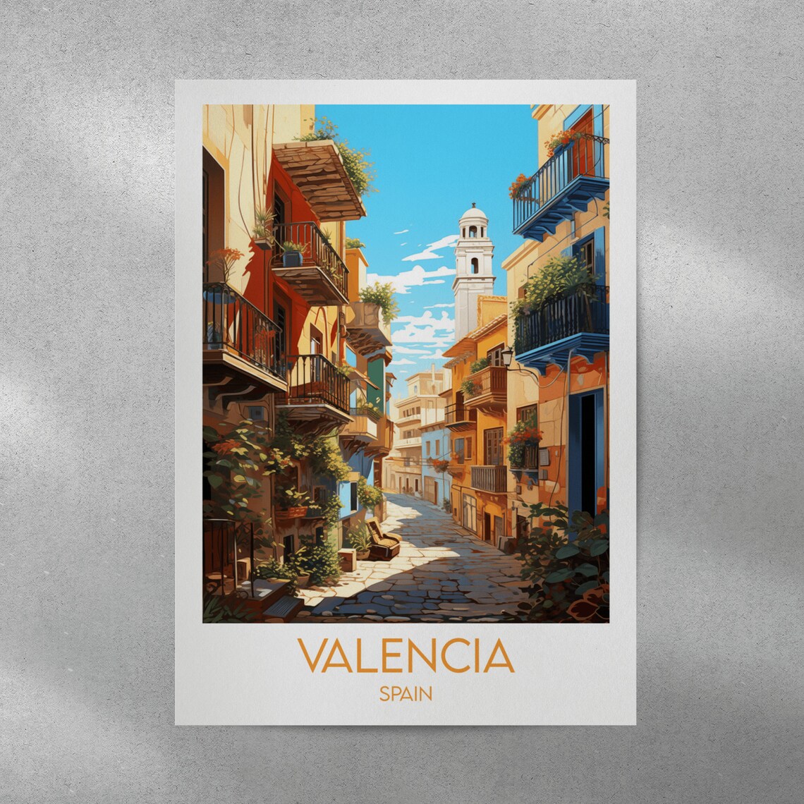 Valencia Spain Old Town Street Church Tower Sunny Travel Poster - Image 4