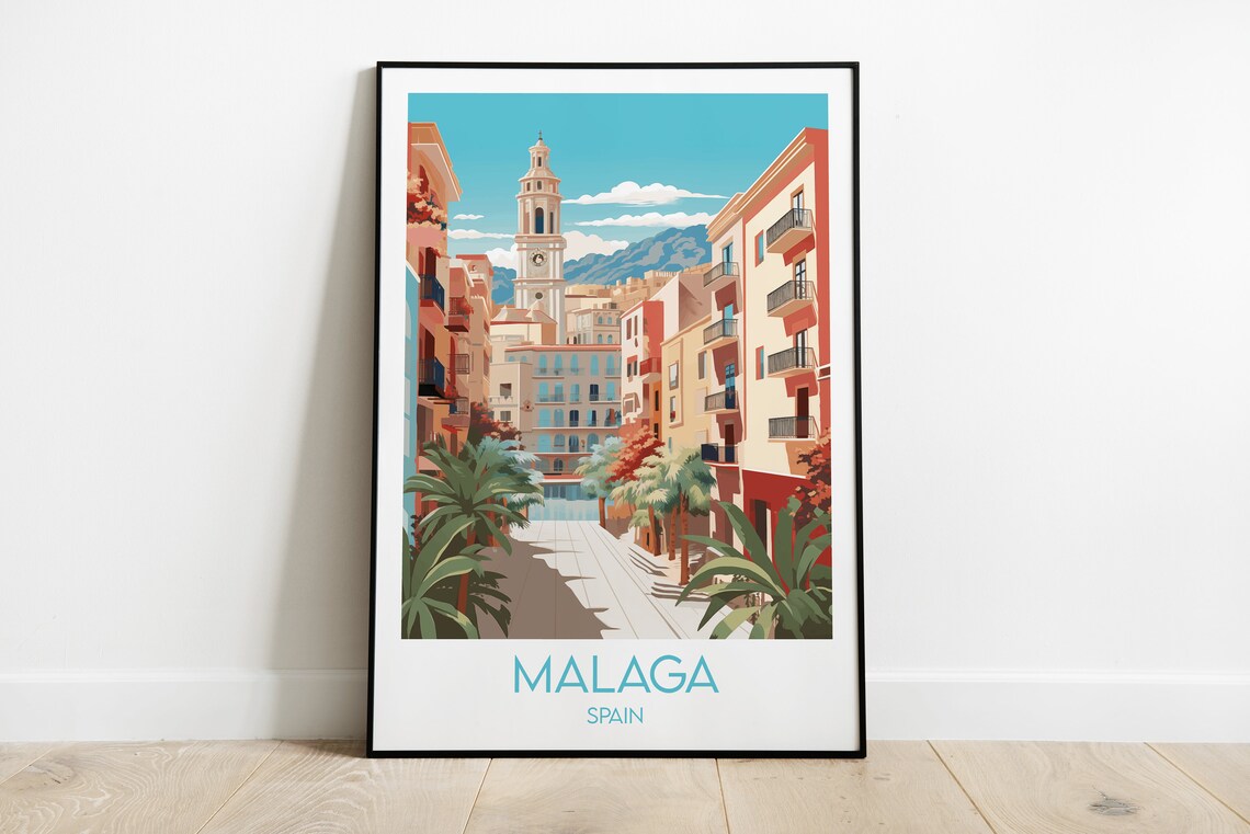 Malaga Spain Vintage Travel Illustration Mediterranean Old Town Poster