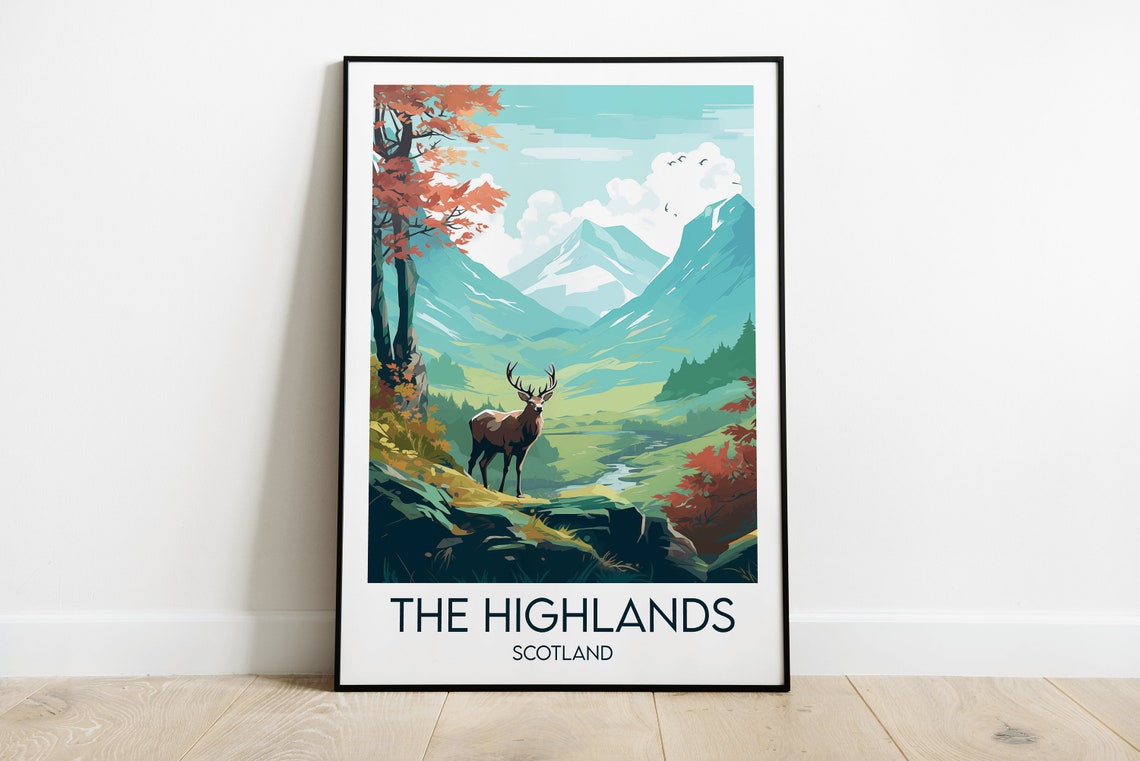 Scottish Highlands Red Deer Stag Mountains Scotland Travel Poster