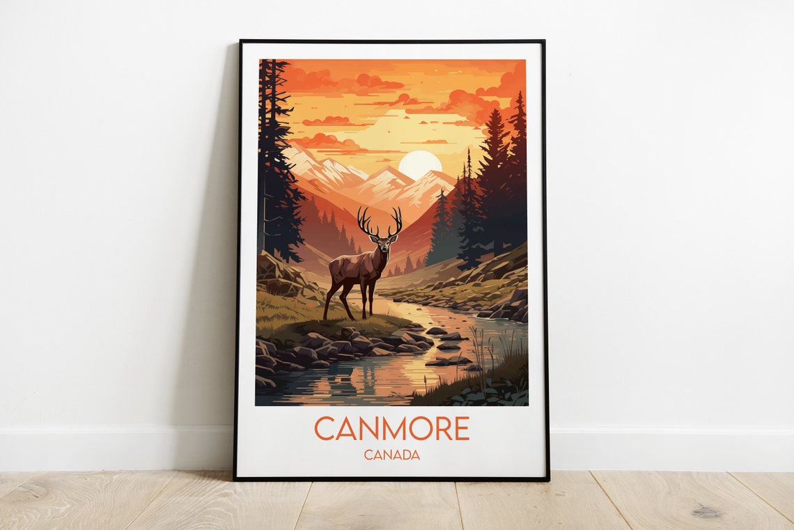 Canmore Canada Elk Stream Sunset Vintage Wildlife Travel Poster