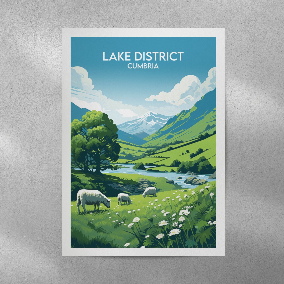 Lake District Cumbria Sheep Meadow Lake Mountain Travel Poster - Image 2