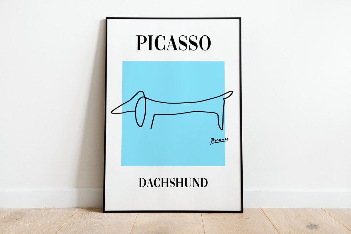 Picasso Dachshund Dog Line Art Drawing Blue Exhibition Poster