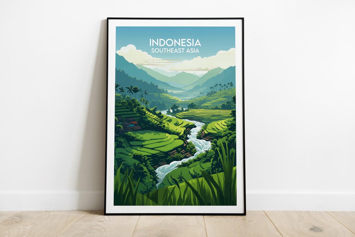 Indonesia Emerald Rice Fields River Gorge Vintage Travel Wall Poster