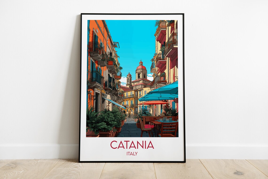 Catania Italy Old Town Street Balconies Church Tower Travel Poster