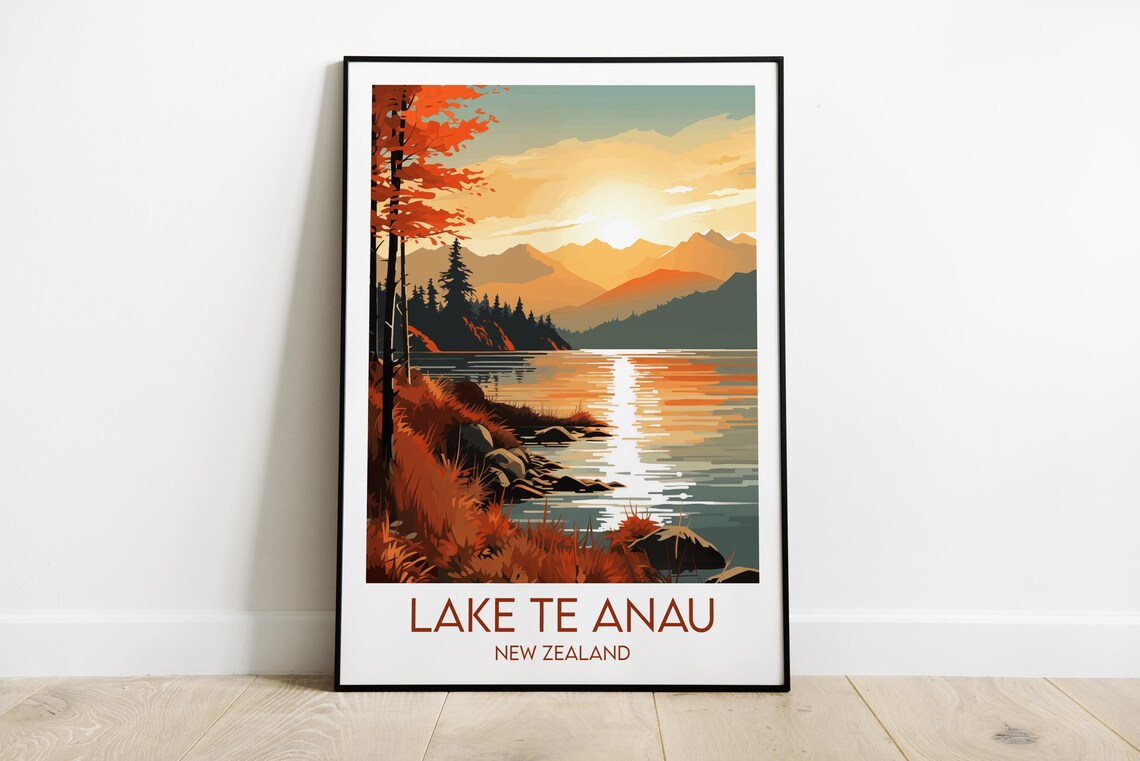 Lake Te Anau New Zealand Golden Sunset Shore Pines Travel Poster