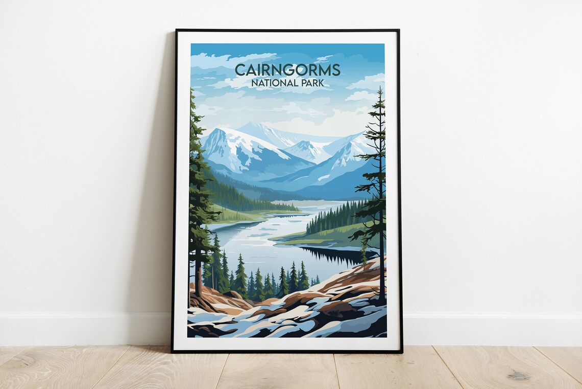 Cairngorms National Park Scotland Snowy Mountain Lake Travel Poster