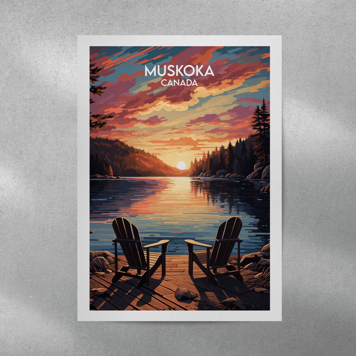 Muskoka Canada Travel Poster Sunset Lake Adirondack Chairs Artwork - Image 3