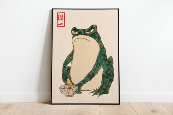 Japanese Antique Frog Vintage Woodblock Style Grumpy Toad Print